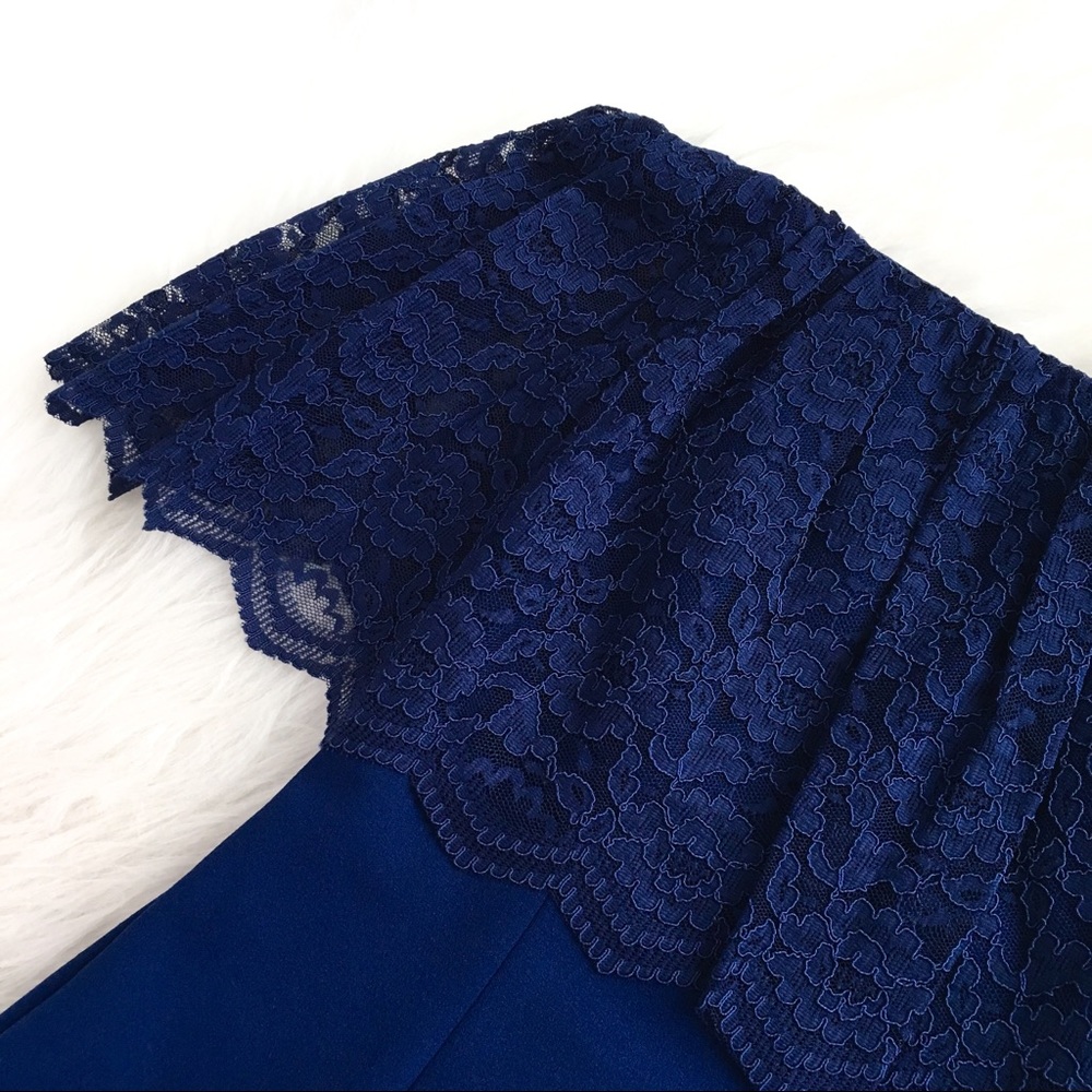 Aidan Mattox | navy off shoulder lace crepe dress - Picture 2 of 8